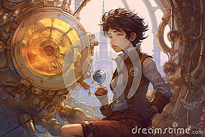 Time traveler, with a sonic screwdriver and a egg spaceship, exploring different eras and dimensions throughout history, manga Cartoon Illustration