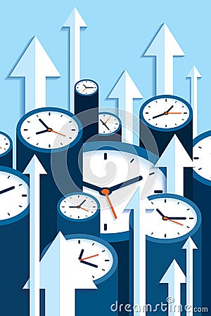 Time up. Fast decision. 3d Clock icons in flat style, arrows and timers on blue background. Time management. More watch and pointe Vector Illustration
