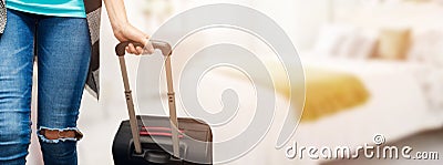 time for vacations - woman with luggage suitcase ready for travel Stock Photo