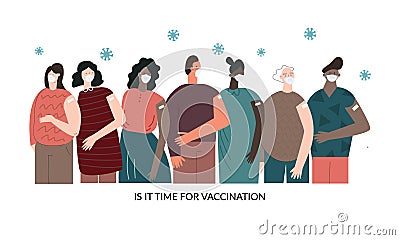 Time for vaccination vector concept. Diverse multicultural people were vaccinated. Selfcare, healthcare, flu, influenza Vector Illustration