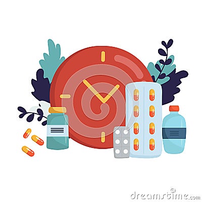 Time for your medicine, Medicine time concept. Medicine bottle, capsules, pills with clock on background in flat design Vector Illustration