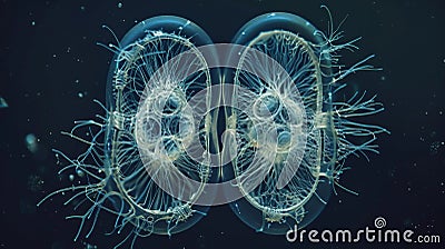 A timelapse sequence of a Paramecium dividing into two daughter cells highlighting the process of binary fission. . Stock Photo