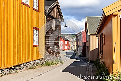 The timeless allure of Roros is captured here with its wooden houses bearing the classic Scandinavian palette Stock Photo
