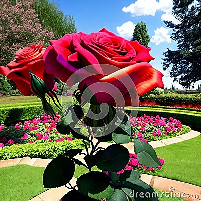 Timeless beauty of a classic rose garden in full bloom. Panorama Stock Photo