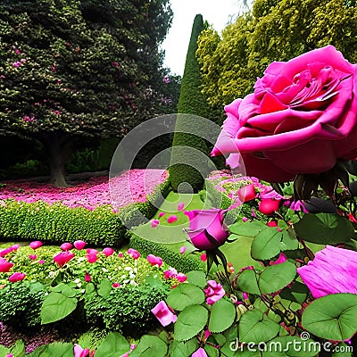 Timeless beauty of a classic rose garden in full bloom. Panorama Stock Photo