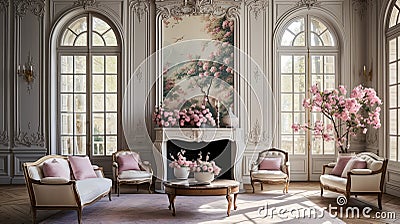 timeless beauty of a huge chateau formal living room , generated by AI Stock Photo
