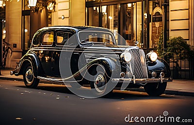 Vintage French Elegance: Classic Black Car in 1930s Parisian Night - generative ai Stock Photo