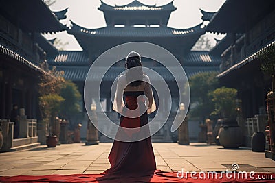 Timeless Elegance: Hanbok-Clad Woman in Ancient Temple Courtyard Stock Photo