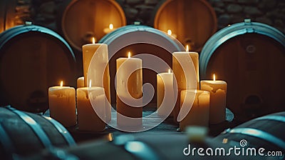 Timeless elegance heritage wine cellar in historic chateau with candlelit aging barrels Stock Photo