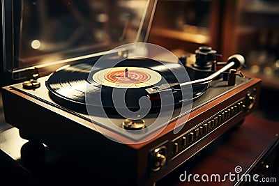 Timeless melody vintage vinyl turns on an antique record player Stock Photo
