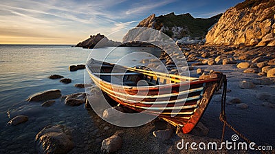 Vibrant Landscapes: A Flimsy Boat On A Rocky Beach Stock Photo