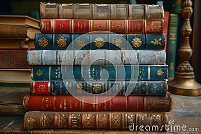 Timeless Treasures: Exploring the Charm of Old Leather Bound Books Stock Photo