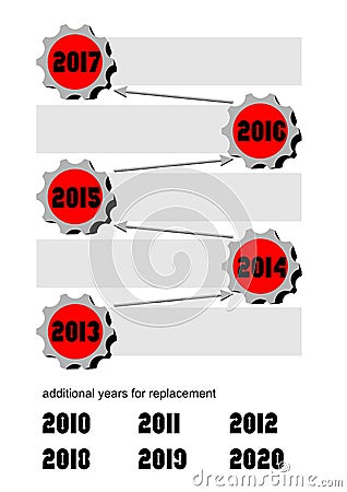 Timeline with gears and arrows. Empty frames for own text. alternative years caption for change. Infographic template for Vector Illustration
