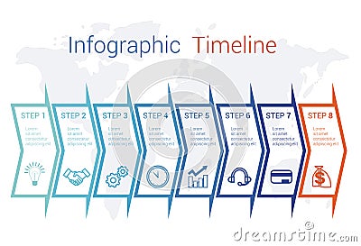 Timeline Infographic arrows on map numbered for 8 positions can be used for workflow, banner, diagram, web design Vector Illustration