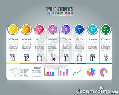 Timeline infographic business concept with 8 options. Vector Illustration