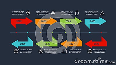 Timeline infographic with 8 elements, template for web, business, presentations. Template for web on a background. Cartoon Illustration