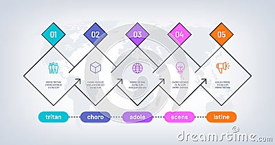 Timeline infographic. History process chart with 5 steps on world map. Business options progress milestones. Workflow Vector Illustration