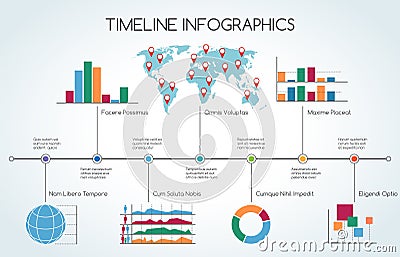 Timeline Infographic with line charts Vector Illustration
