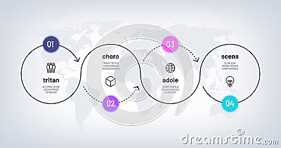 Timeline infographic. Loop process chart with 4 step on world map. Business four options process with numbers. Workflow Vector Illustration