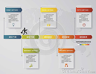 Timeline infographic 5 steps vector design template. Can be used for workflow processes. Vector Illustration