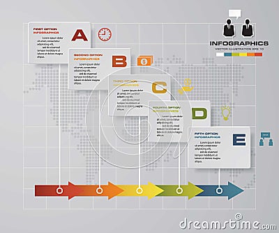 Timeline infographic 5 steps vector design template. Can be used for workflow processes. Vector Illustration