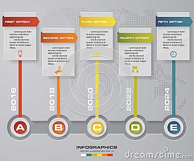 Timeline infographic 5 steps vector design template. Can be used for workflow processes. Vector Illustration