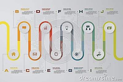 Timeline infographic 10 steps vector design template. Can be used for workflow processes, diagram, number options, timeline. Vector Illustration