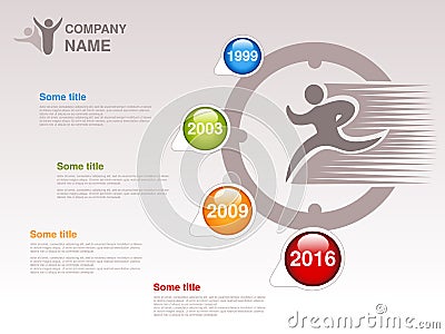 Timeline. Infographic template for company. Timeline with colorful milestones - blue, green, orange, red. Pointer of individual ye Vector Illustration