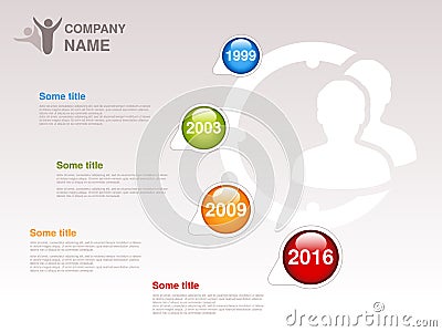 Timeline. Infographic template for company. Timeline with colorful milestones - blue, green, orange, red. Pointer of individual ye Vector Illustration