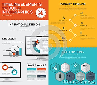 Timeline infographic vector set and business computer flat color Vector Illustration