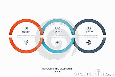 Timeline infographics with 3 options, circles, steps. Can be used for web, diagram, chart, info graph, business process Vector Illustration