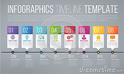 Timeline or options infographics template with 8 steps Vector Illustration