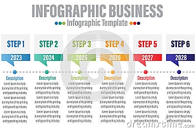 Timeline 6 Steps, six 6 option shape table chart elements with steps,road map,options,milestone,timeline,processes or workflow. Vector Illustration
