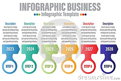 Timeline 6 Steps, six 6 option shape table chart elements with steps,road map,options,milestone,timeline,processes or workflow. Vector Illustration
