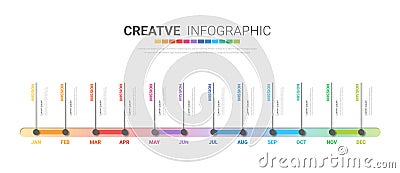 Timeline for 1 year, 12 months, infographics all month planner design and Presentation business can be used for Business concept Vector Illustration