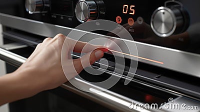 A timer button being pushed on a convection oven with a bright red display counting down the cooking time Stock Photo