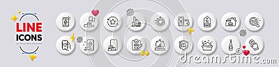 Timer, Chemistry lab and Champagne line icons. For web app, printing. White buttons 3d icons. Vector Vector Illustration