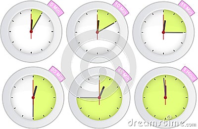 Timer clock with 5, 10, 15, 30, 45, 60 min signs Vector Illustration