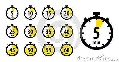 Timer and clock icons set. Vector times of 10, 15, 30, 45, 40, 50, 35, 25, 60, 5 minutes. Stopwatch, chronometer, watch with Vector Illustration