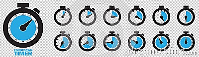 Timer, clock, stopwatch isolated set icons with different time. Vector Illustration