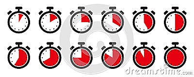 Timer, clock, stopwatch isolated set icons with different time. Sport clock with red colored time meaning. Label cooking symbols Stock Photo