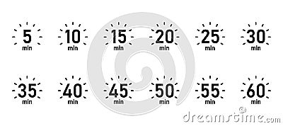 10, 15, 20, 25, 30, 35, 40, 45, 50 min,Timer, clock, isolated set icons vector Vector Illustration