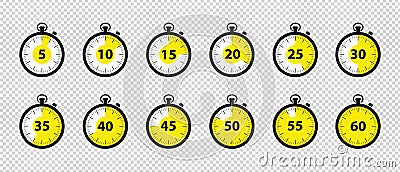 Timer Icons 5 Minutes To 1 Hour - Black And White Vector Illustration Set - Isolated On Transparent Background Vector Illustration