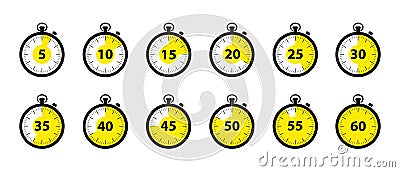 Timer Icons 5 Minutes To 1 Hour - Black And White Vector Illustration Set - Isolated On White Background Vector Illustration