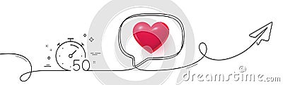 Timer 50 minutes line icon. Stopwatch time sign. Continuous line with plane. Vector Vector Illustration
