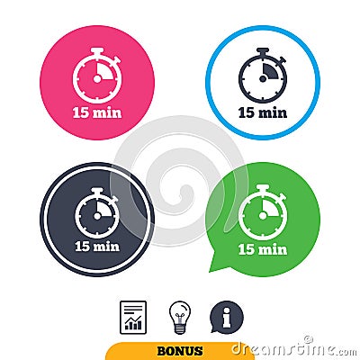 Timer sign icon. 15 minutes stopwatch symbol. Vector Illustration