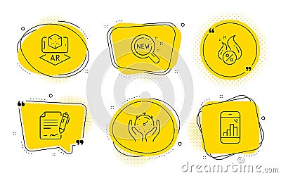 Timer, Signing document and New products icons set. Augmented reality, Hot loan and Graph phone signs. Vector Vector Illustration