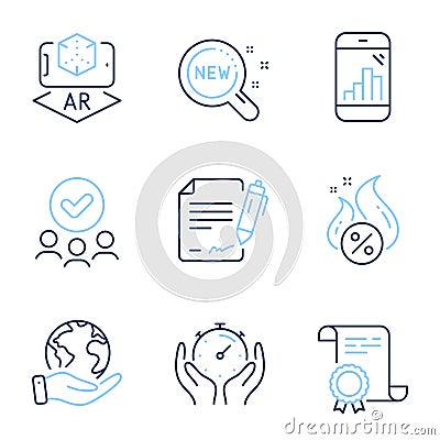 Timer, Signing document and New products icons set. Augmented reality, Hot loan and Graph phone signs. Vector Vector Illustration