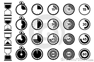 Timer, stopwatch and hourglass vector icon set Vector Illustration