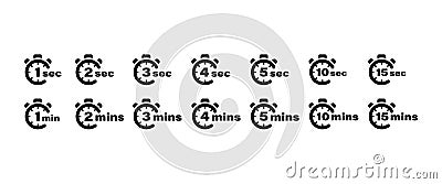 Timer vector icons set. 1, 2, 3, 4, 5, 10 and 15 seconds and minutes stopwatch symbols. Vector illustration EPS 10 Vector Illustration